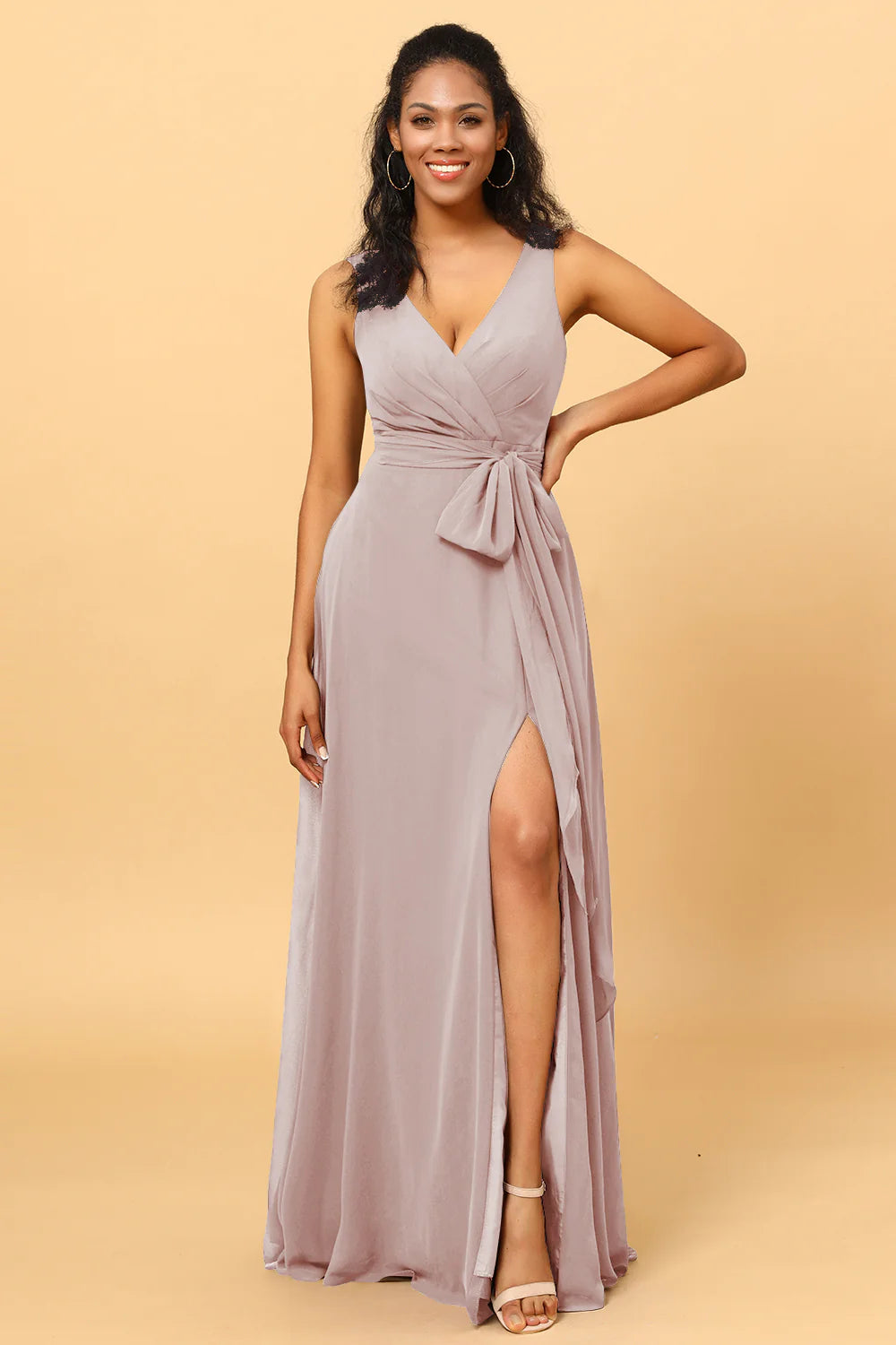 A Line V Neck Sleeveless Long Chiffon Bridesmaid Dress with Slit