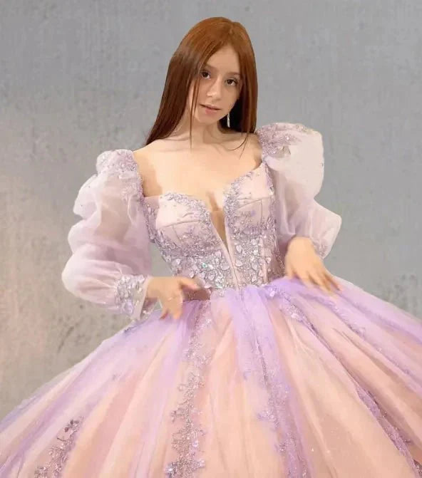 Pink Ball Gown Tulle Long Sleeve Quinceanera Dress