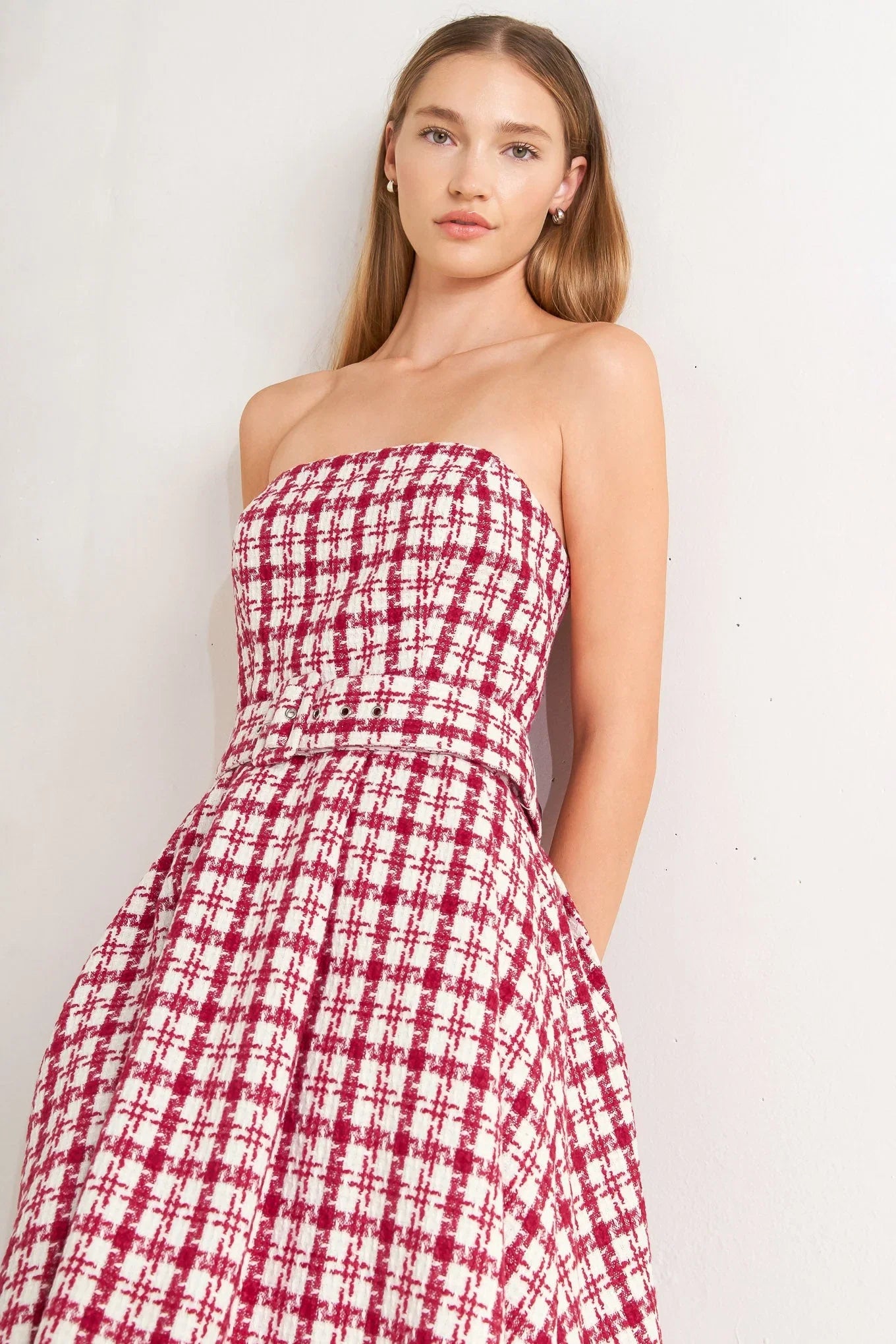 RED CHECK TWEED MINI DRESS