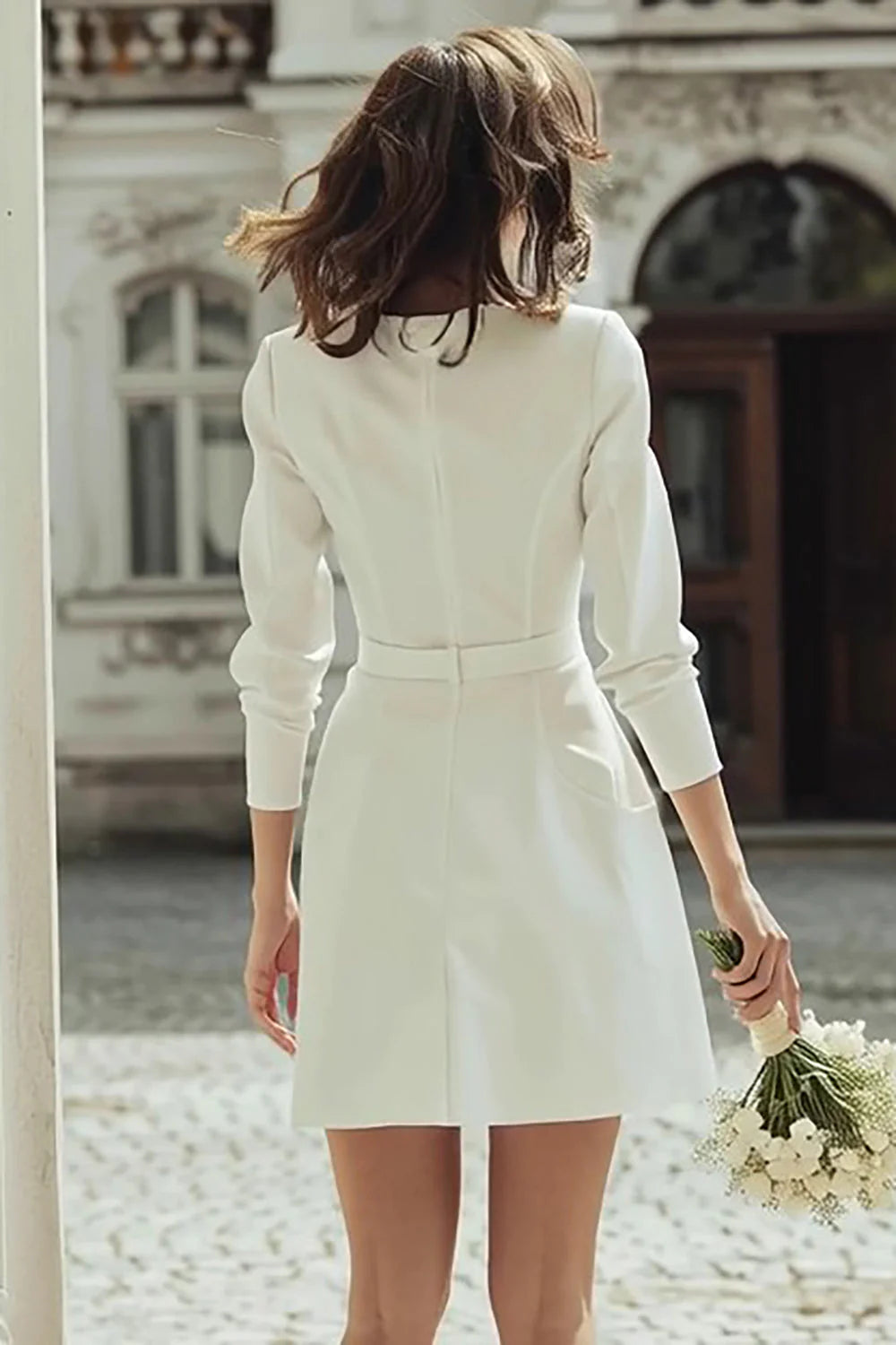 Ivory Boat Neck Mini Courthouse Wedding Dress with 3 4 Sleeves