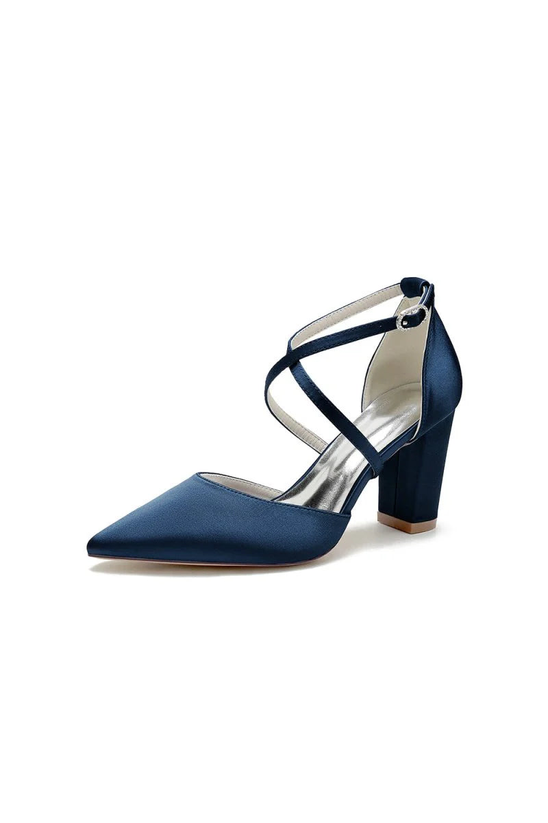 White Satin Pump with Cross Strap and Metal Accent