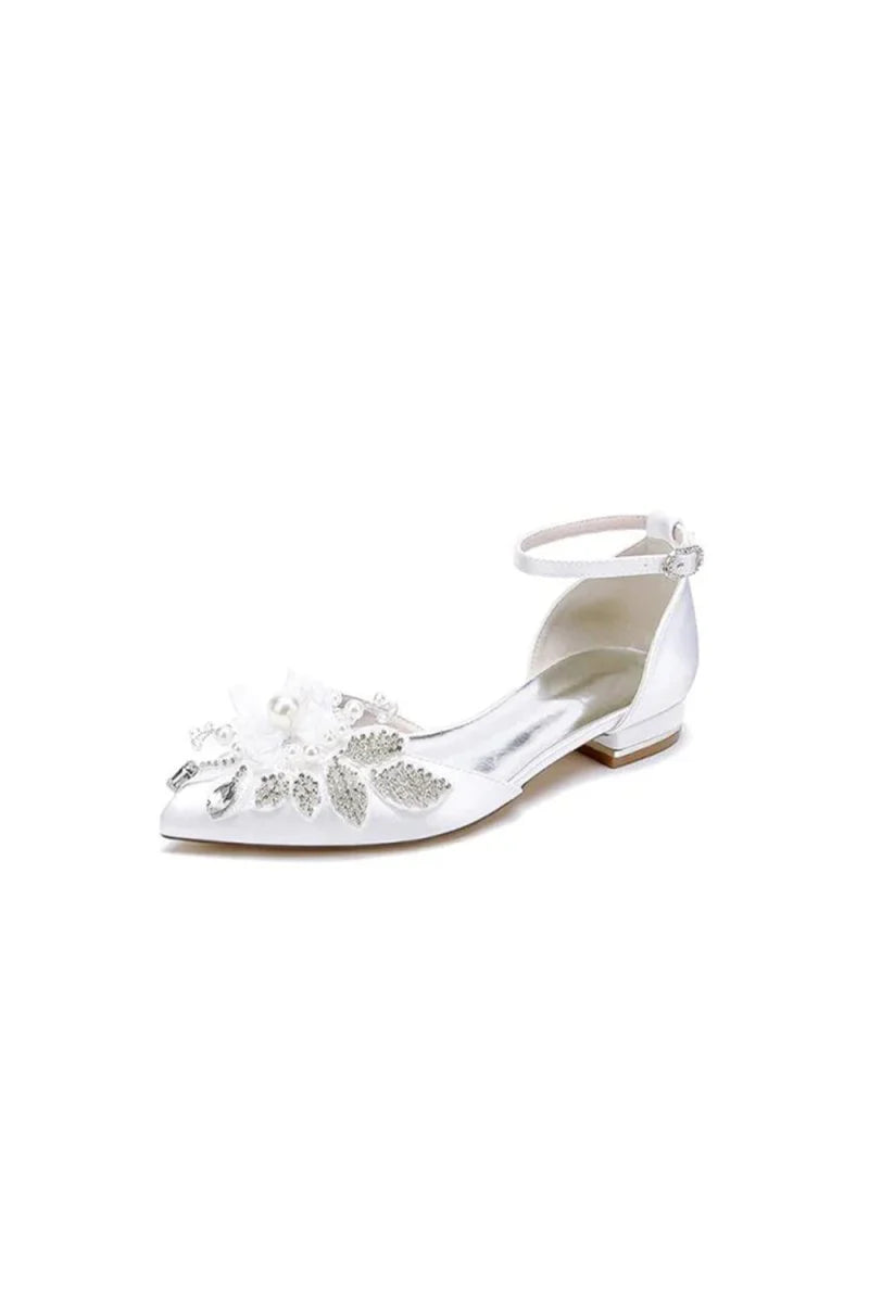 White Pointed Toe Ankle Strap Low Heels with Rhinestone