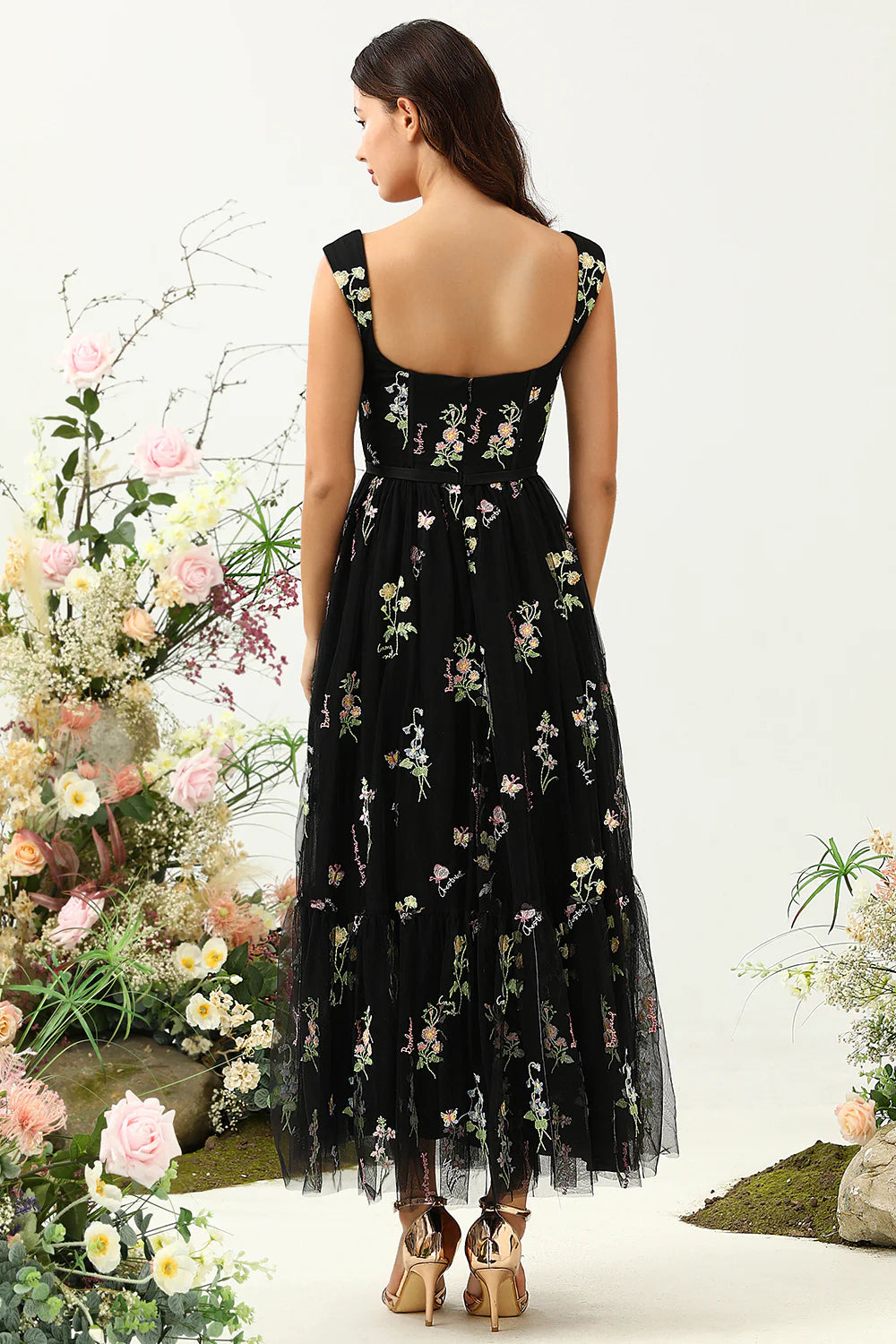 Purple A Line Sweetheart Tea Length Party Dress with Embroidery
