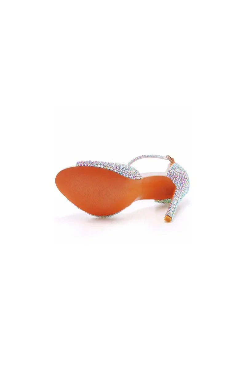 Rhinestone Embellished Open Toe Ankle Strap Stiletto Heels