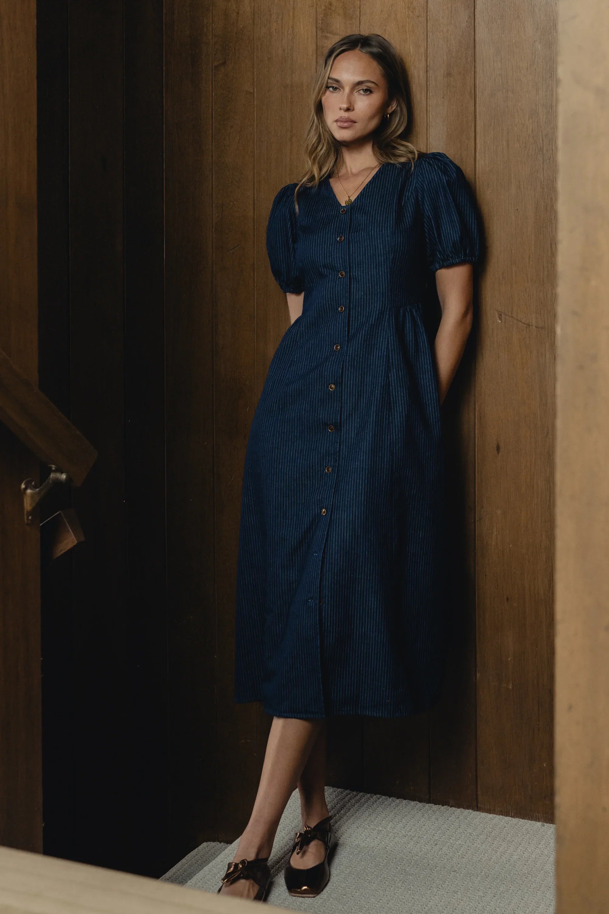 Conley Pinstripe Midi Dress in Medium Wash