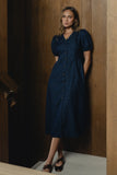Conley Pinstripe Midi Dress in Medium Wash