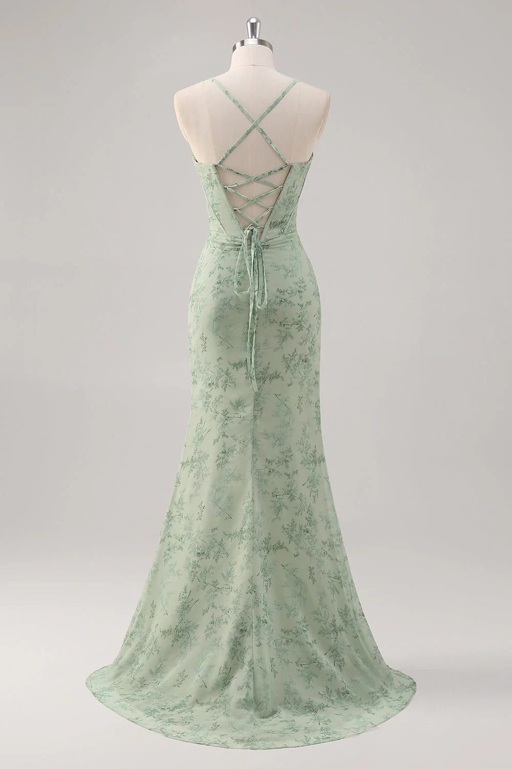 Green Floral Mermaid Lace Up Back Corset Long Bridesmaid Dress with Slit