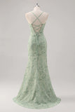 Green Floral Mermaid Lace Up Back Corset Long Bridesmaid Dress with Slit