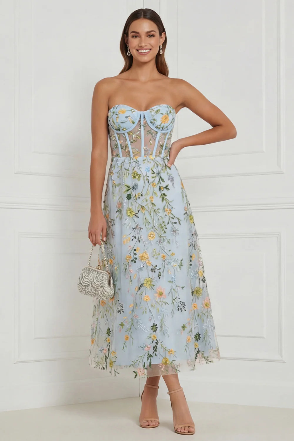 Floral Blue Strapless A Line Corset Midi Wedding Guest Dress