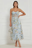 Floral Blue Strapless A Line Corset Midi Wedding Guest Dress