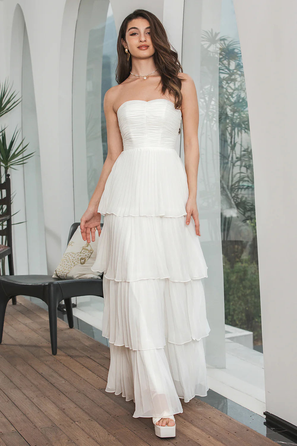 A Line Strapless Tiered Long Chiffon Maxi White Dress