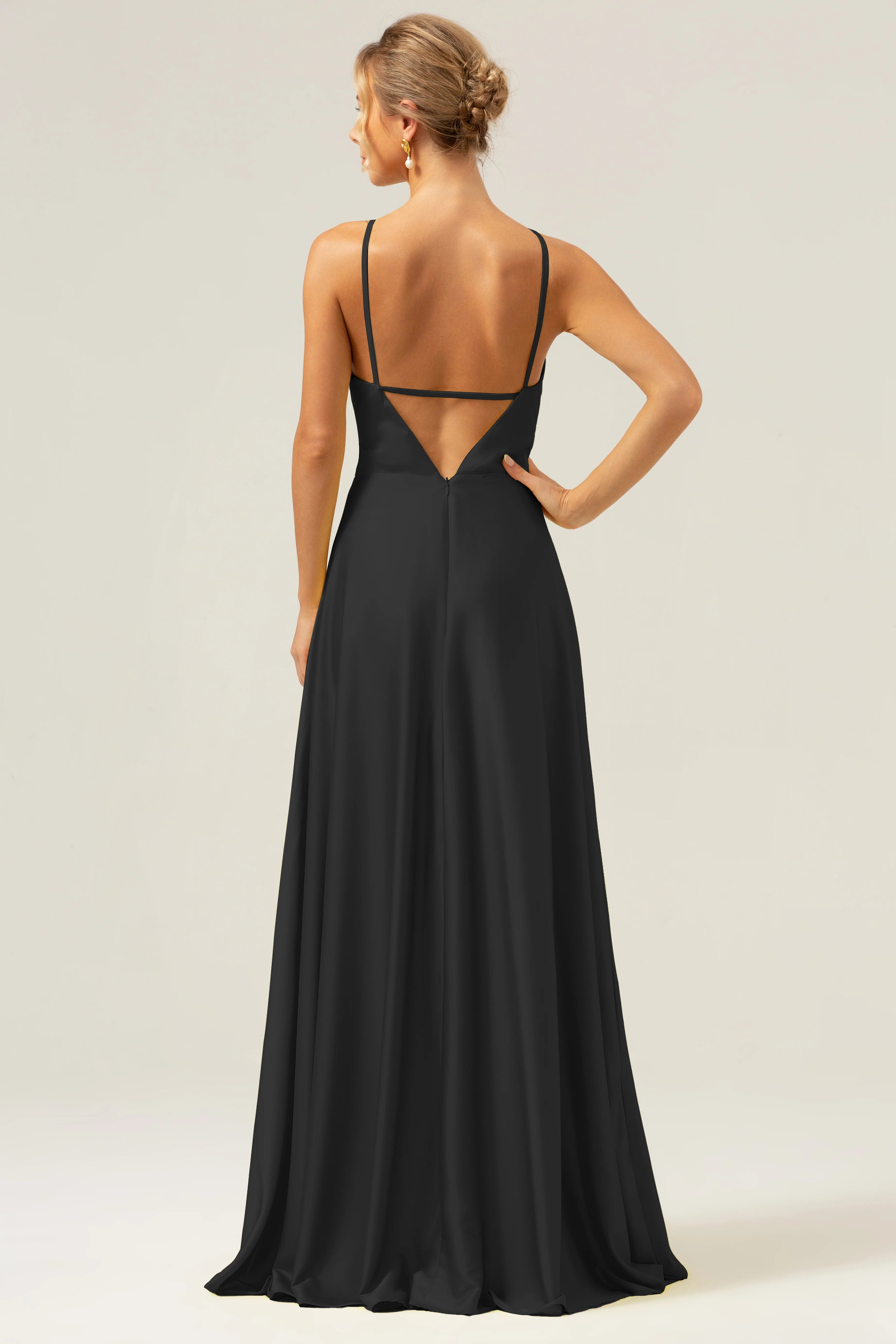 A Line Halter Ruched Satin Open Back Long Bridesmaid Dress with Flower