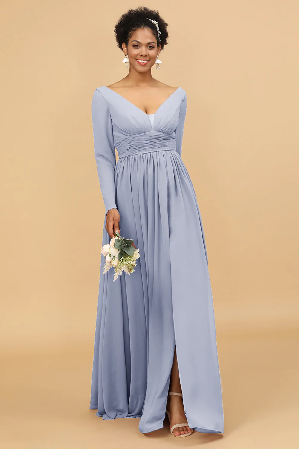 A Line V Neck Long Sleeves Chiffon Bridesmaid Dress with Slit