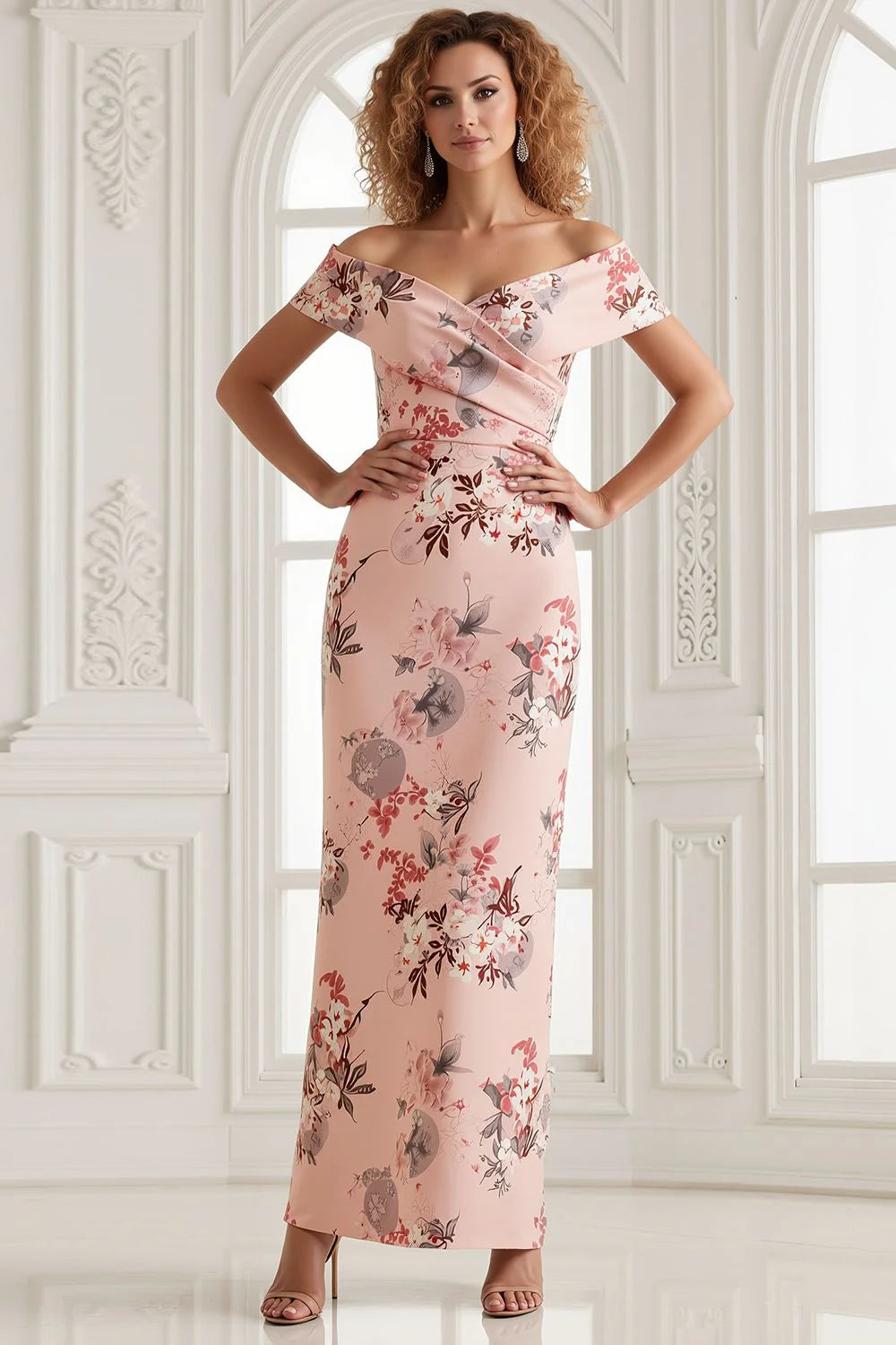 Off The Shoulder Sheath Blush Floral Print Long Satin Wedding Guest Dress with Back Slit