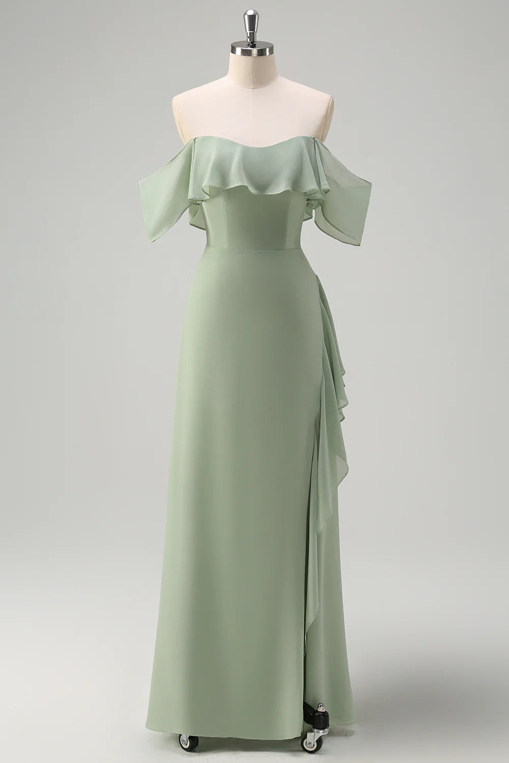 Light Green Sheath Off The Shoulder Chiffon Long Bridesmaid Dress with Ruffle Slit