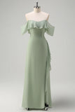 Light Green Sheath Off The Shoulder Chiffon Long Bridesmaid Dress with Ruffle Slit