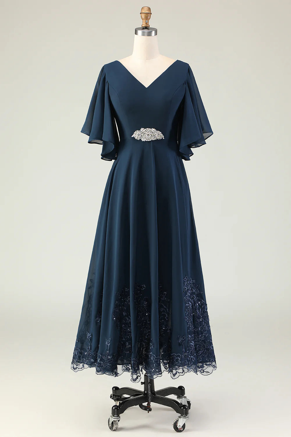 Navy A Line Embroidered Chiffon V Neck Chiffon Mother Dress with Rhinestones