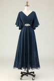 Navy A Line Embroidered Chiffon V Neck Chiffon Mother Dress with Rhinestones