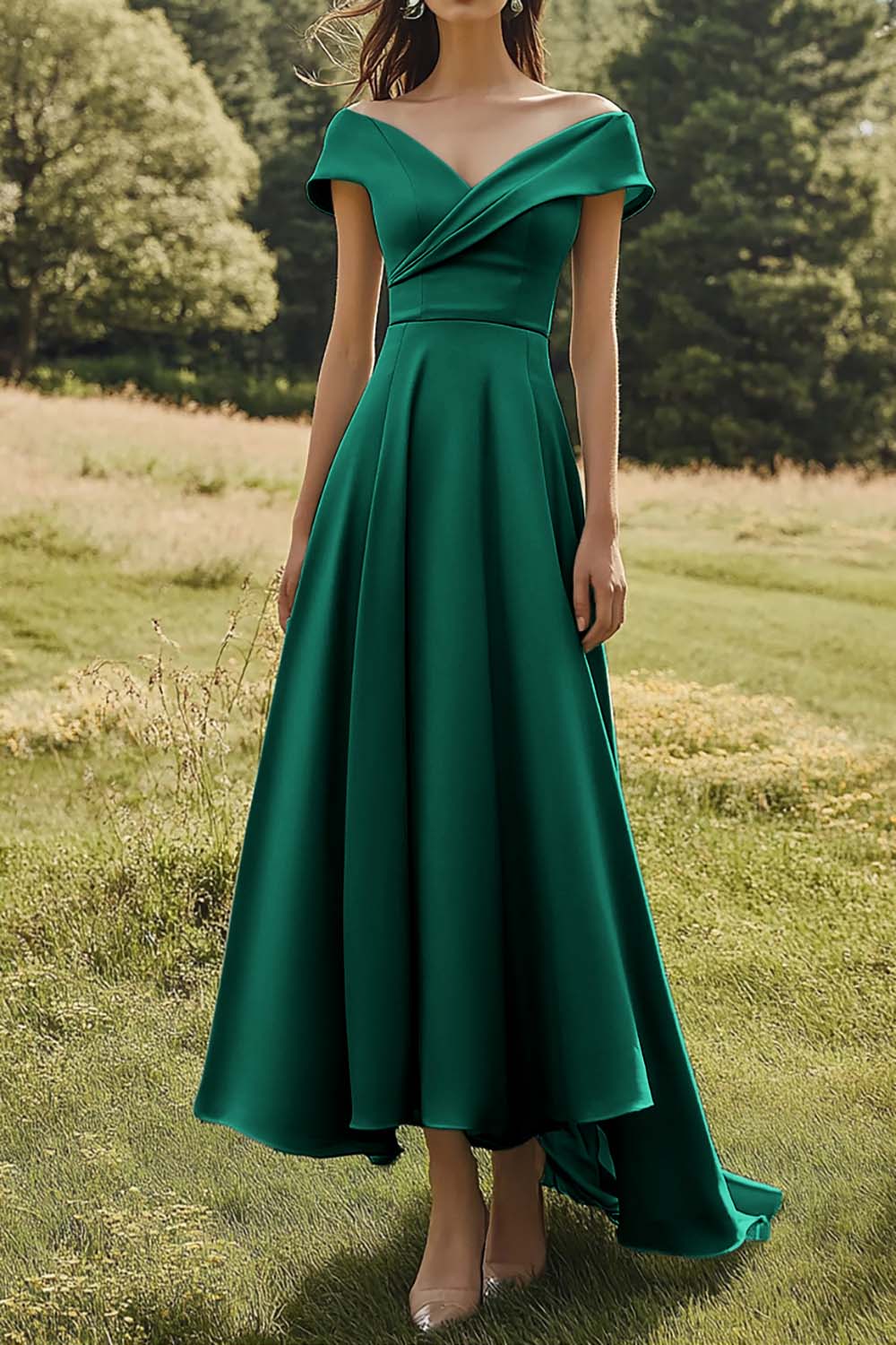Off The Shoulder Sage Slim Formal Dress with Wide Hem