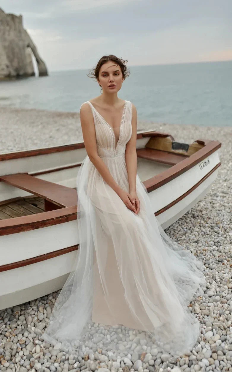A Line Tulle Gorgeous Deep V Neck Open Back Double Layers Elegant Floor Length Long Dress With Sequin
