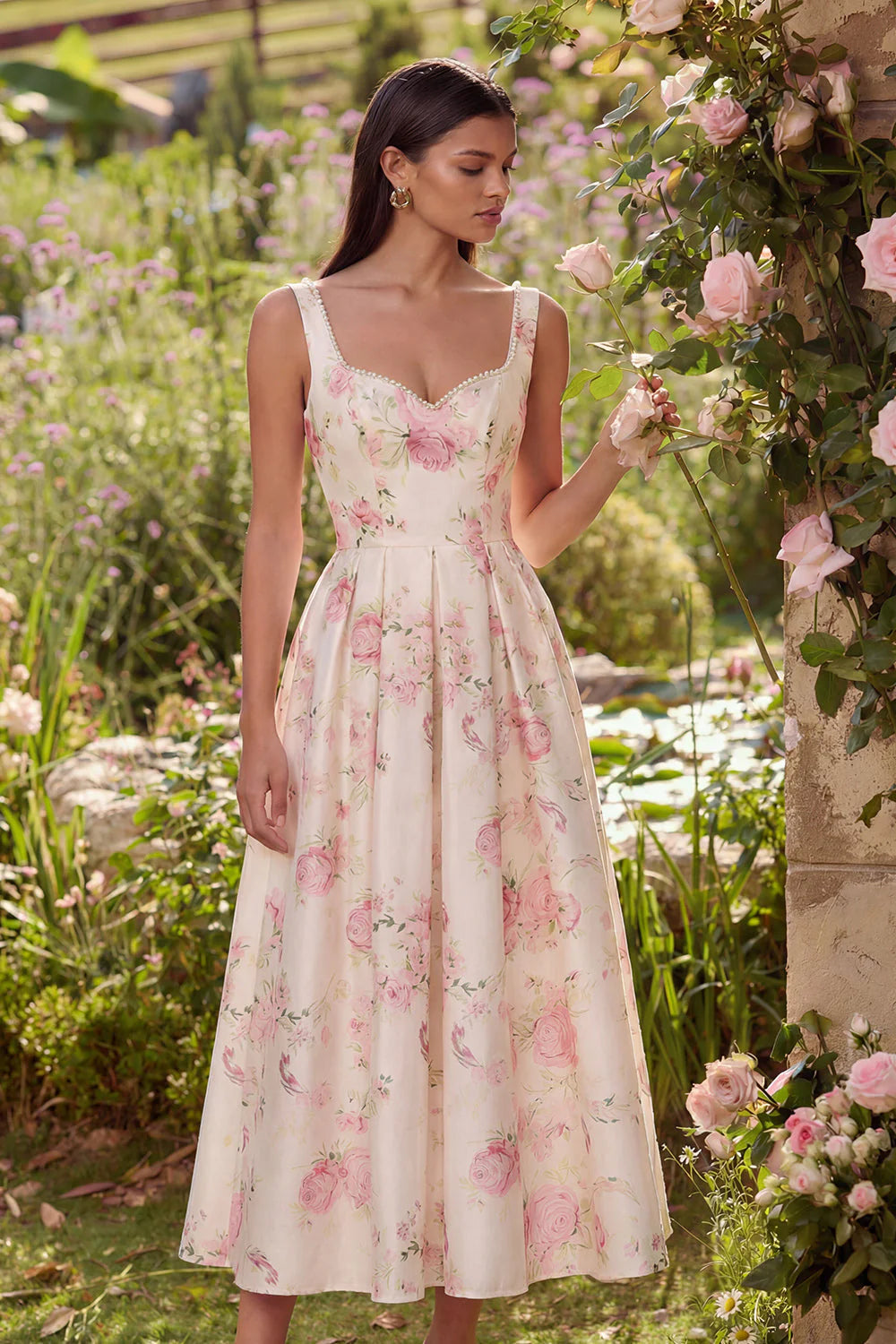 Pink Floral Print A Line Bowed Midi Wedding Guest Dress with Pearls