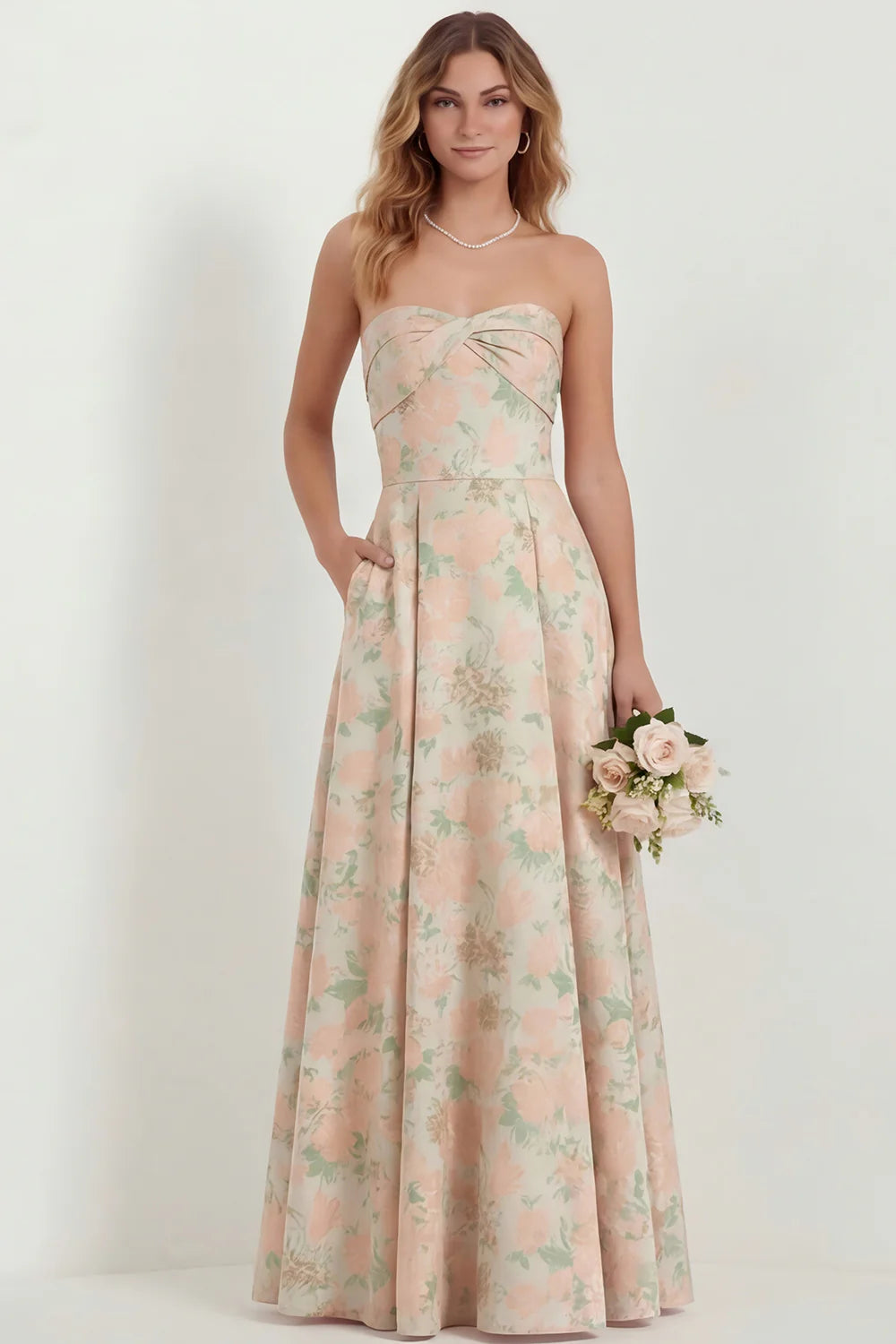 Light Blue Floral Sweetheart A Line Printed Maxi Dress with Pockets