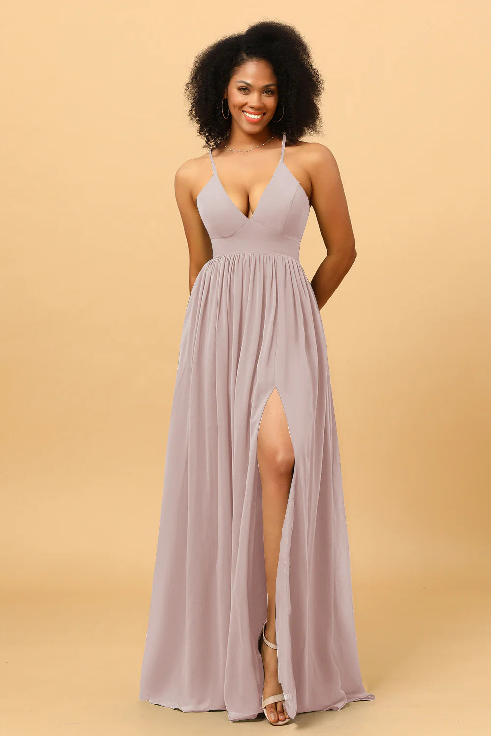A Line V Neck Spaghetti Straps Chiffon Bridesmaid Dress with Slit