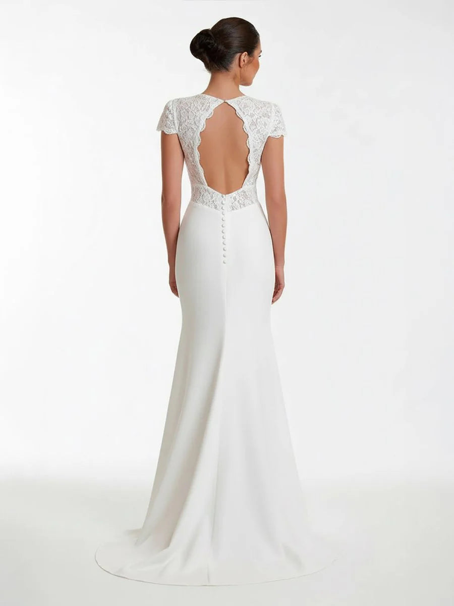 Modest Simple Sheath Short Sleeve Empire Floor Length Sweep Train Chiffon V neck Wedding Dress