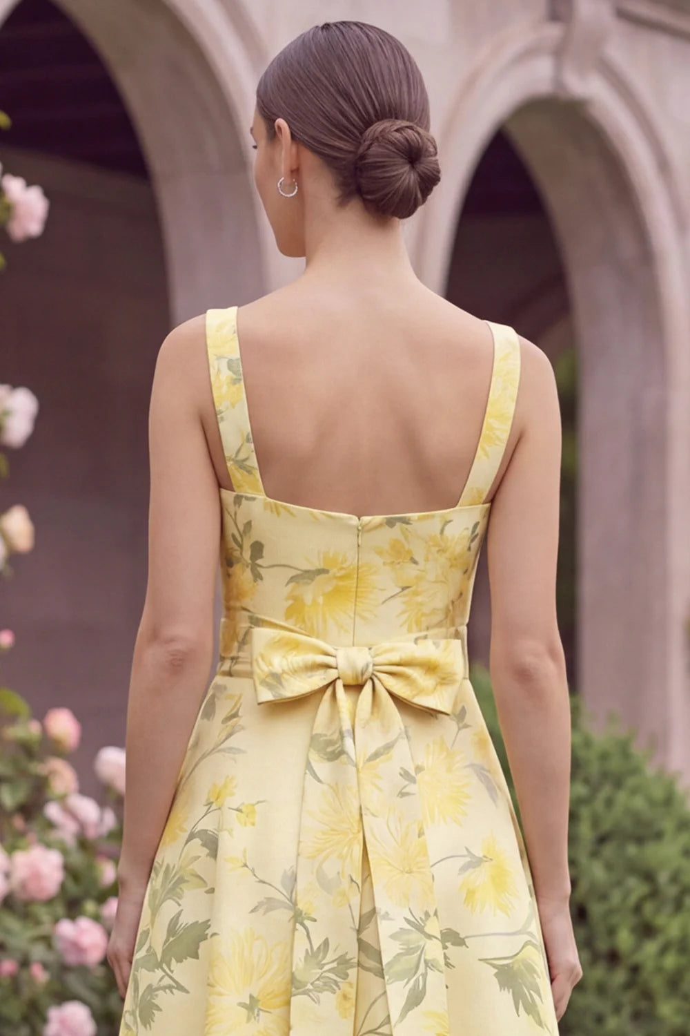 Yellow A Line Floral Bridesmaid Dress with Bow