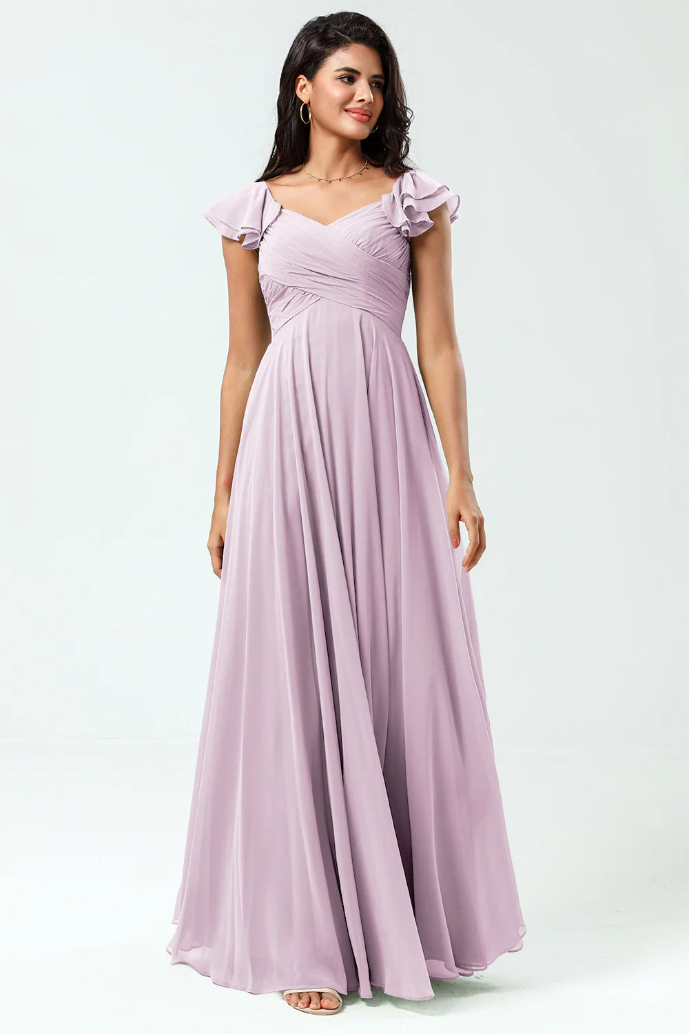 Lace Up Back Cross A Line Chiffon Bridesmaid Dress with Ruffles