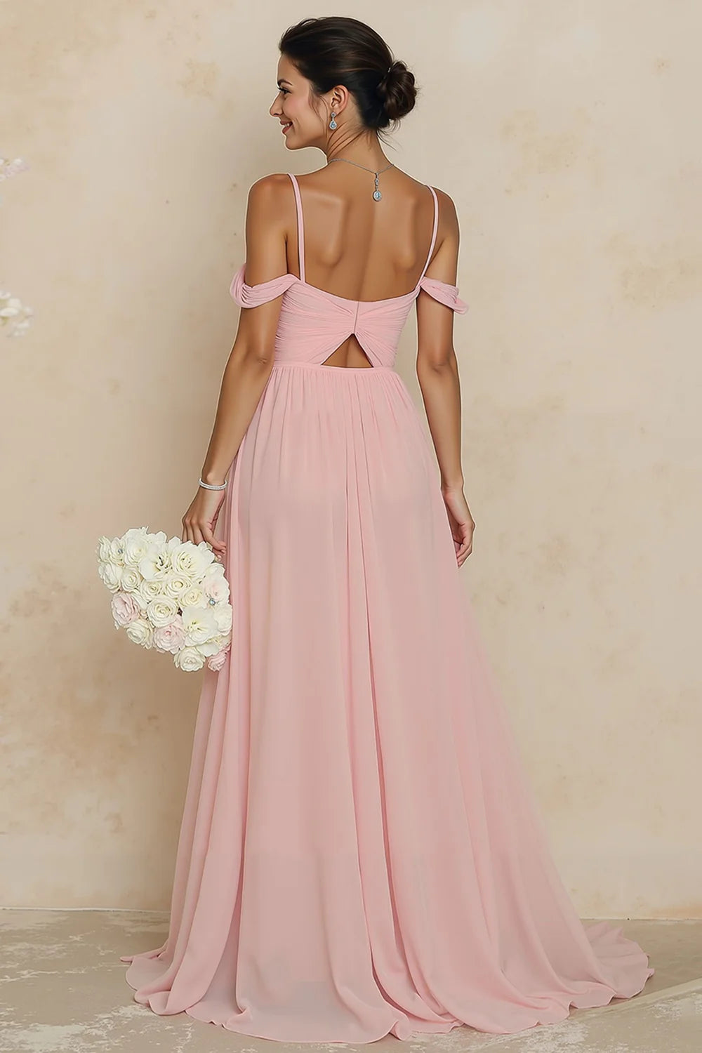 Blush Pink A Line Cold Shoulder Cut Out Long Bridesmaid Dress with Slit
