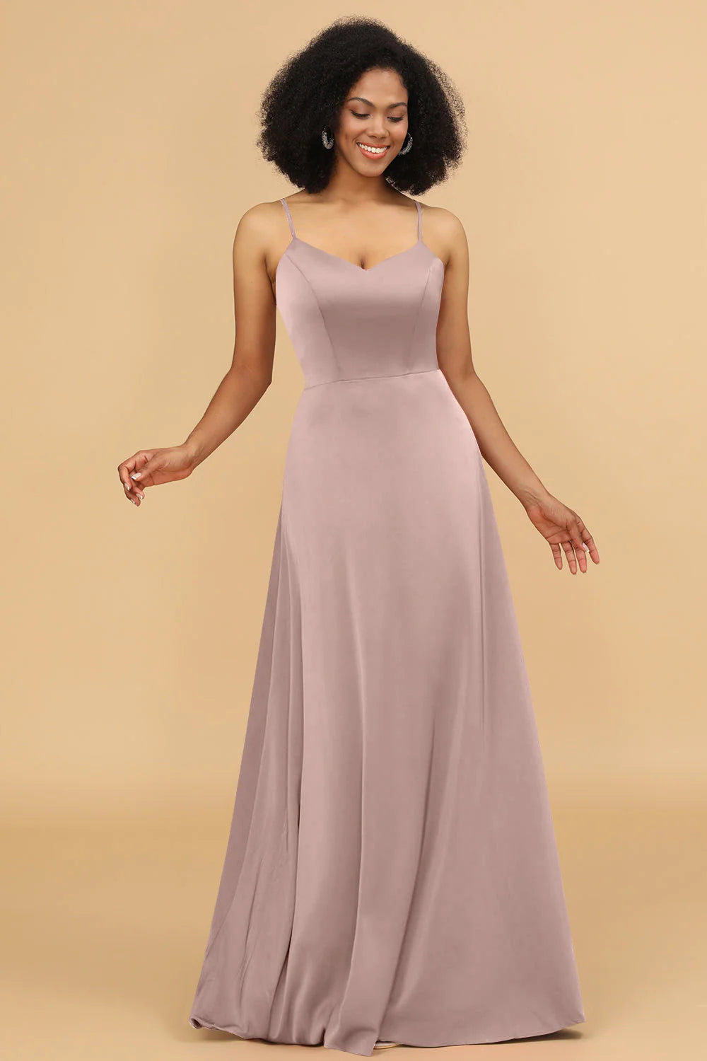 A Line Spaghetti Straps Floor Length Satin Bridesmaid Dress