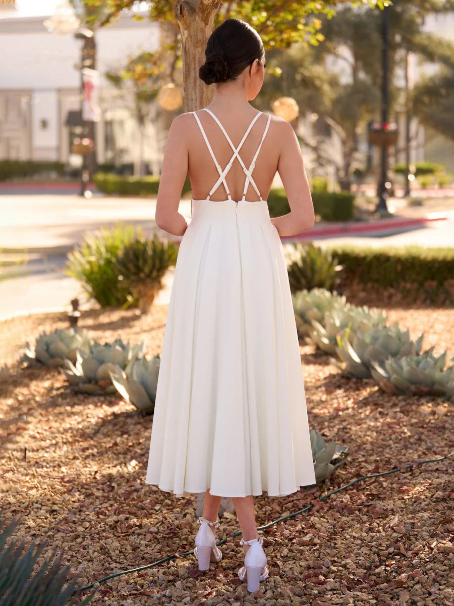A Line V Neck Sleeveless Satin Knee Length Wedding Dress