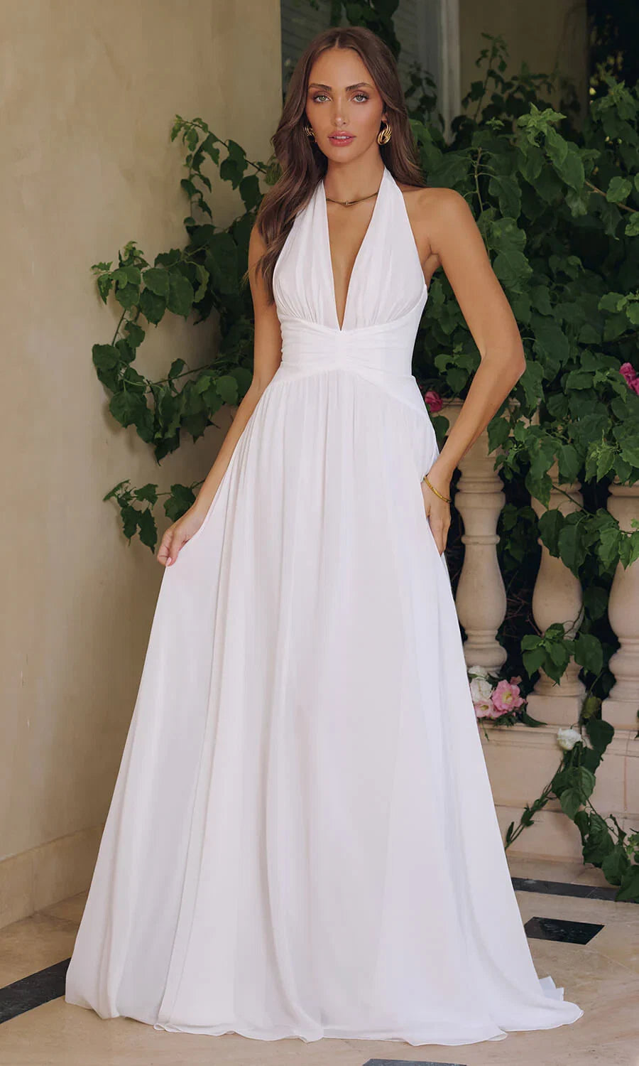 TARA GOWN OFF WHITE FLOWY CHIFFON HALTER DRESS