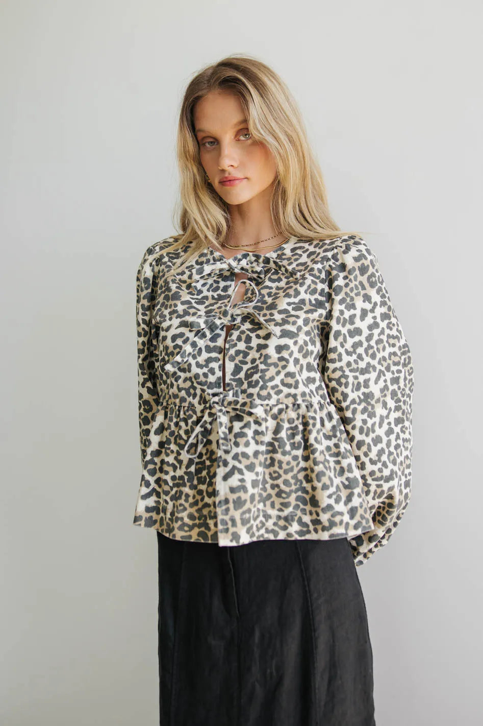 Maggie Peplum Tie Blouse in Leopard FINAL SALE
