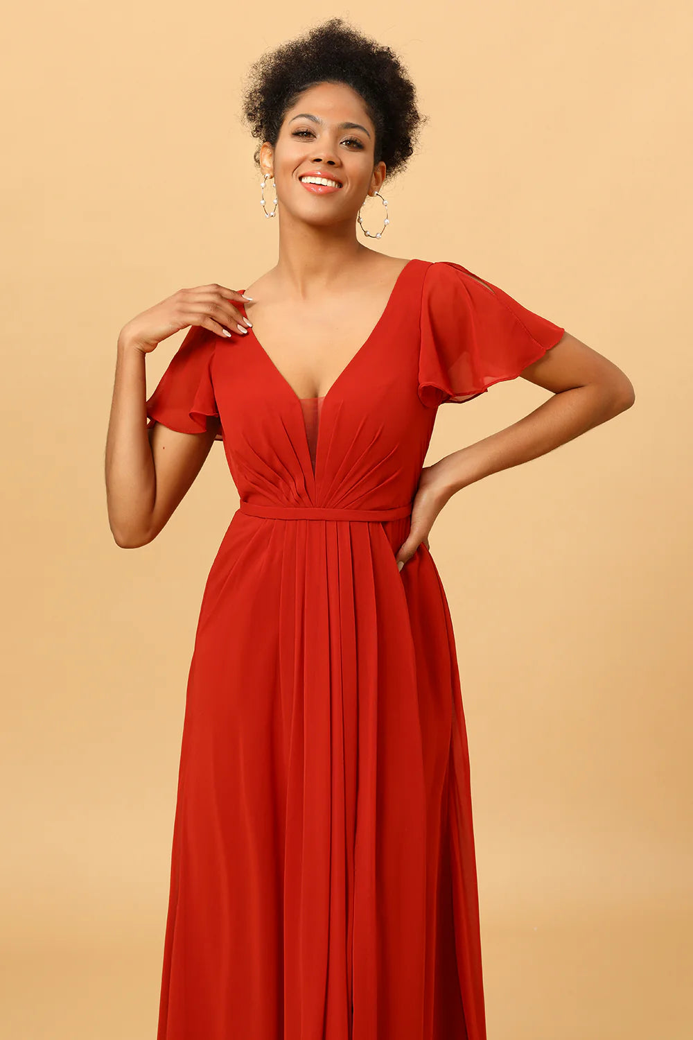 Rust Red A Line Long Chiffon Bridesmaid Dress with Slit