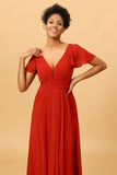 Rust Red A Line Long Chiffon Bridesmaid Dress with Slit