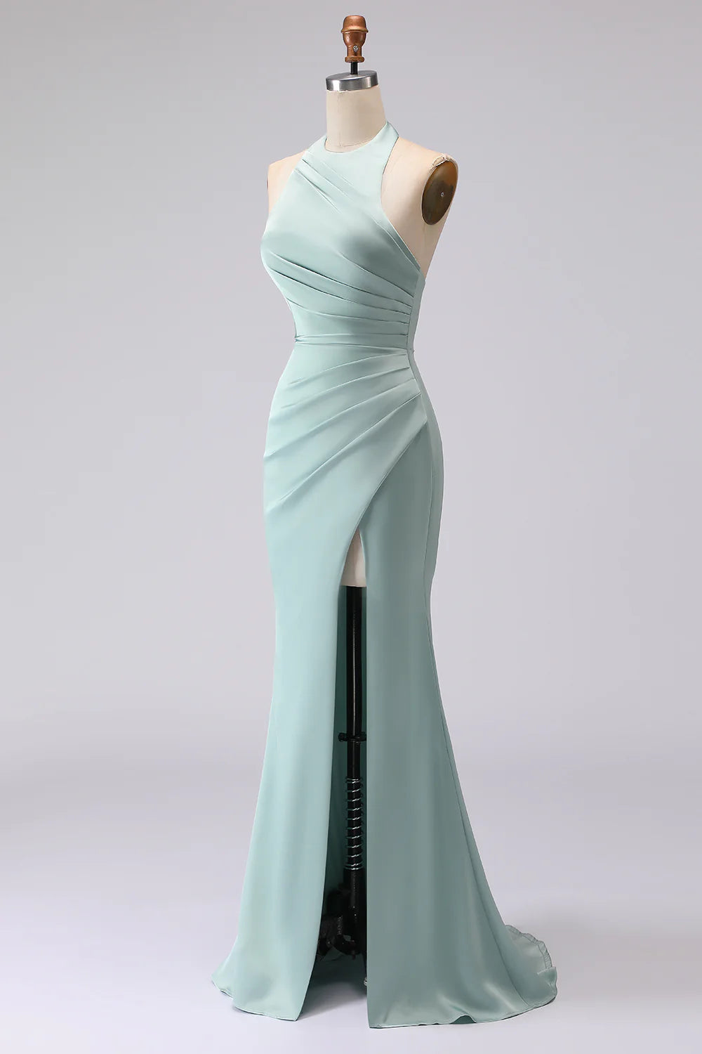 Green Halter Mermaid Ruched Long Bridesmaid Dress with Slit