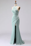 Green Halter Mermaid Ruched Long Bridesmaid Dress with Slit