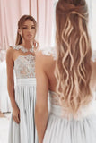 Grey A Line Illusion Round Neck Long Chiffon Bridesmaid Dress with Lace
