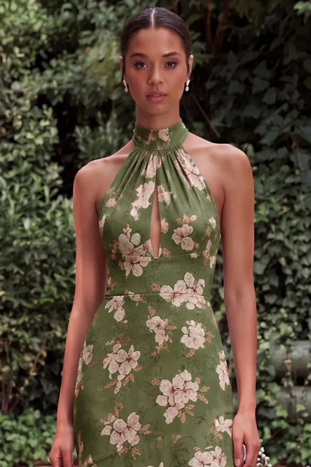 Sage Halter Keyhole Asymmetrical Floral Wedding Guest Dress