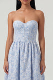 Blue Strapless Jacquard A Line Maxi Wedding Guest Dress