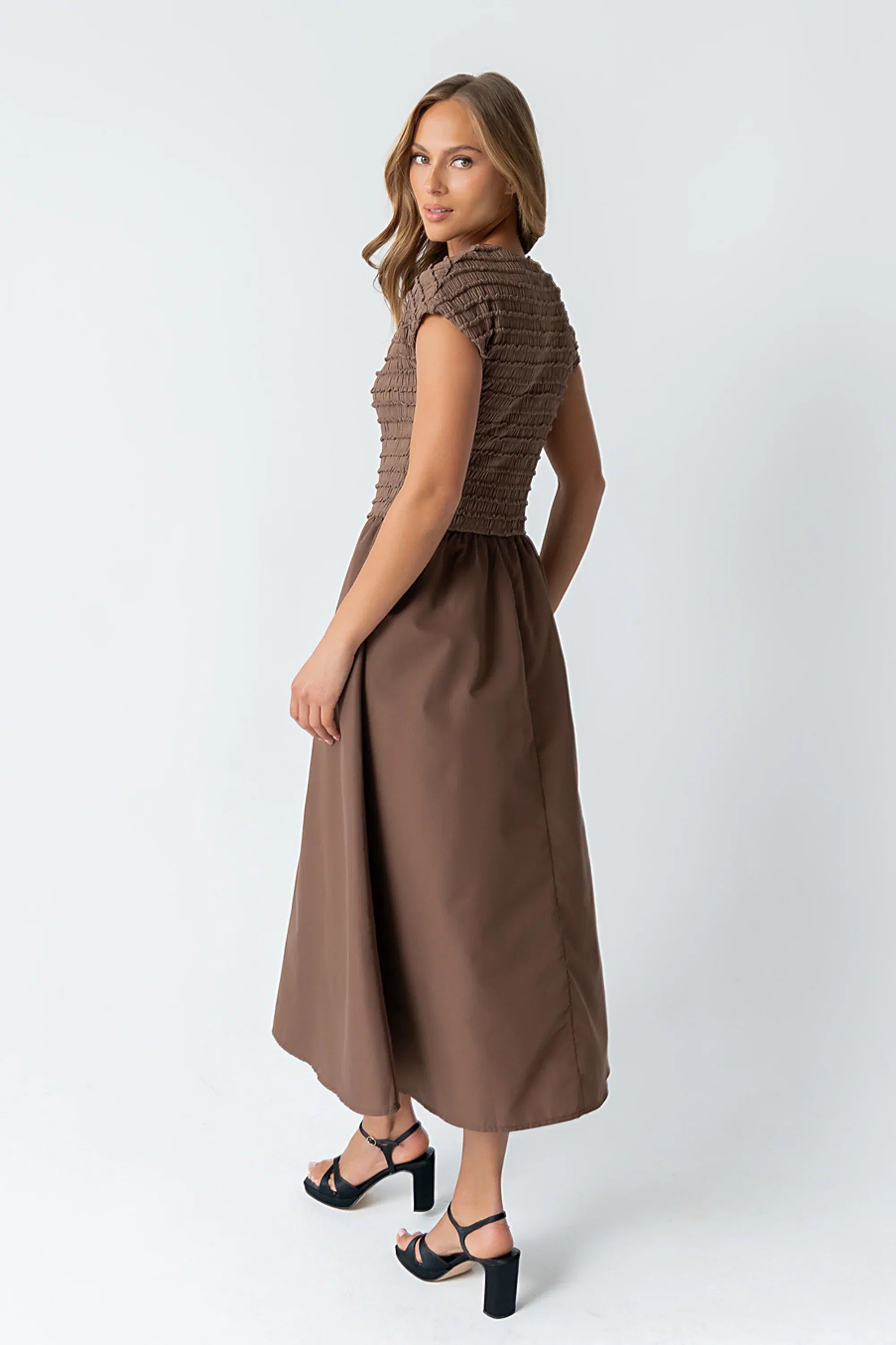 Lorie Mixed Media Maxi Dress in Brown