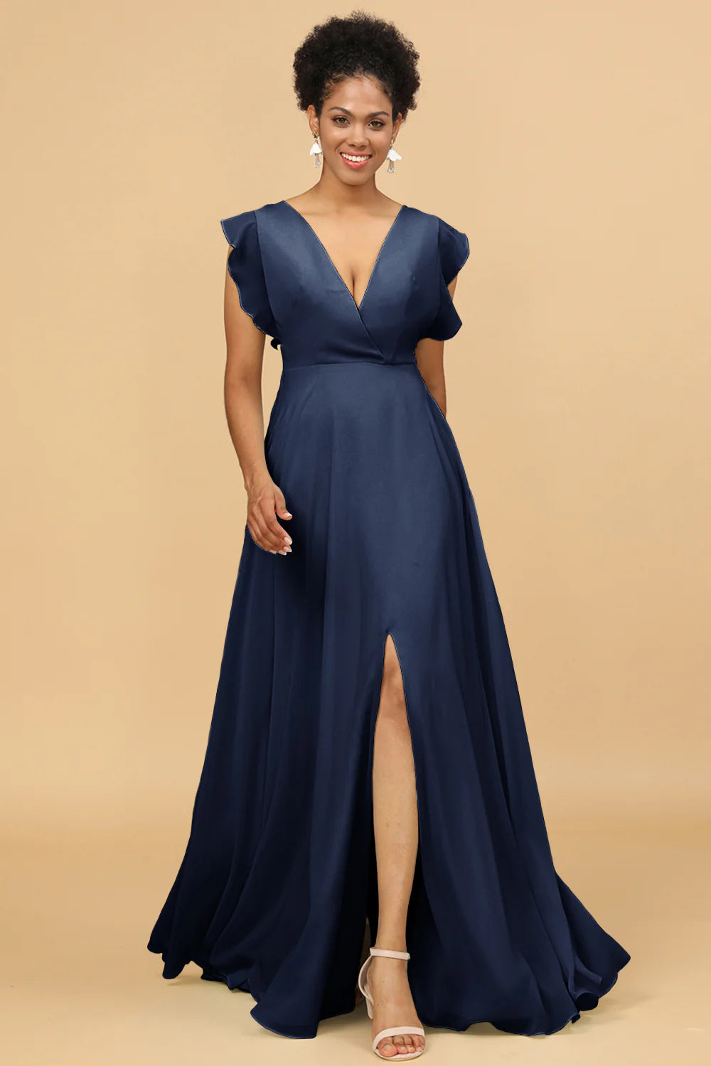 A Line V Neck Floor Length Chiffon Bridesmaid Dress with Slit