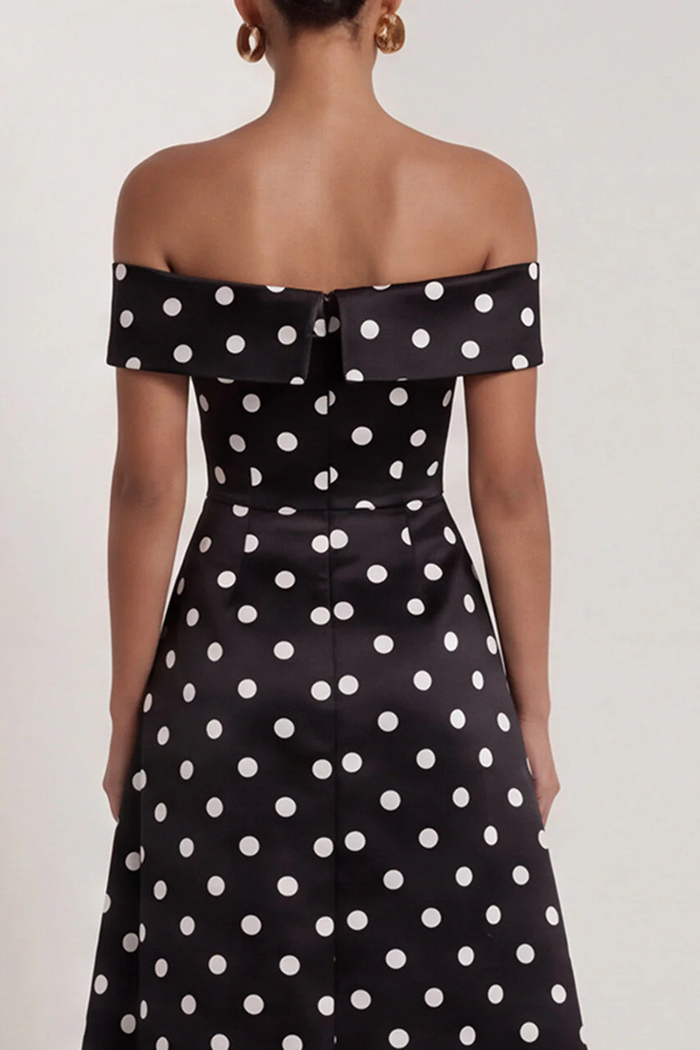 Off the Shoulder Black White Polka Dot A Line Maxi Formal Dress with Slit