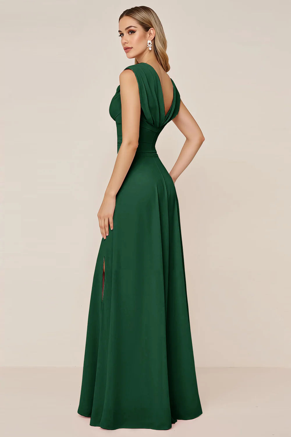 Candy Pink A Line Cowl Neck Long Bridesmaid Dress with Slit