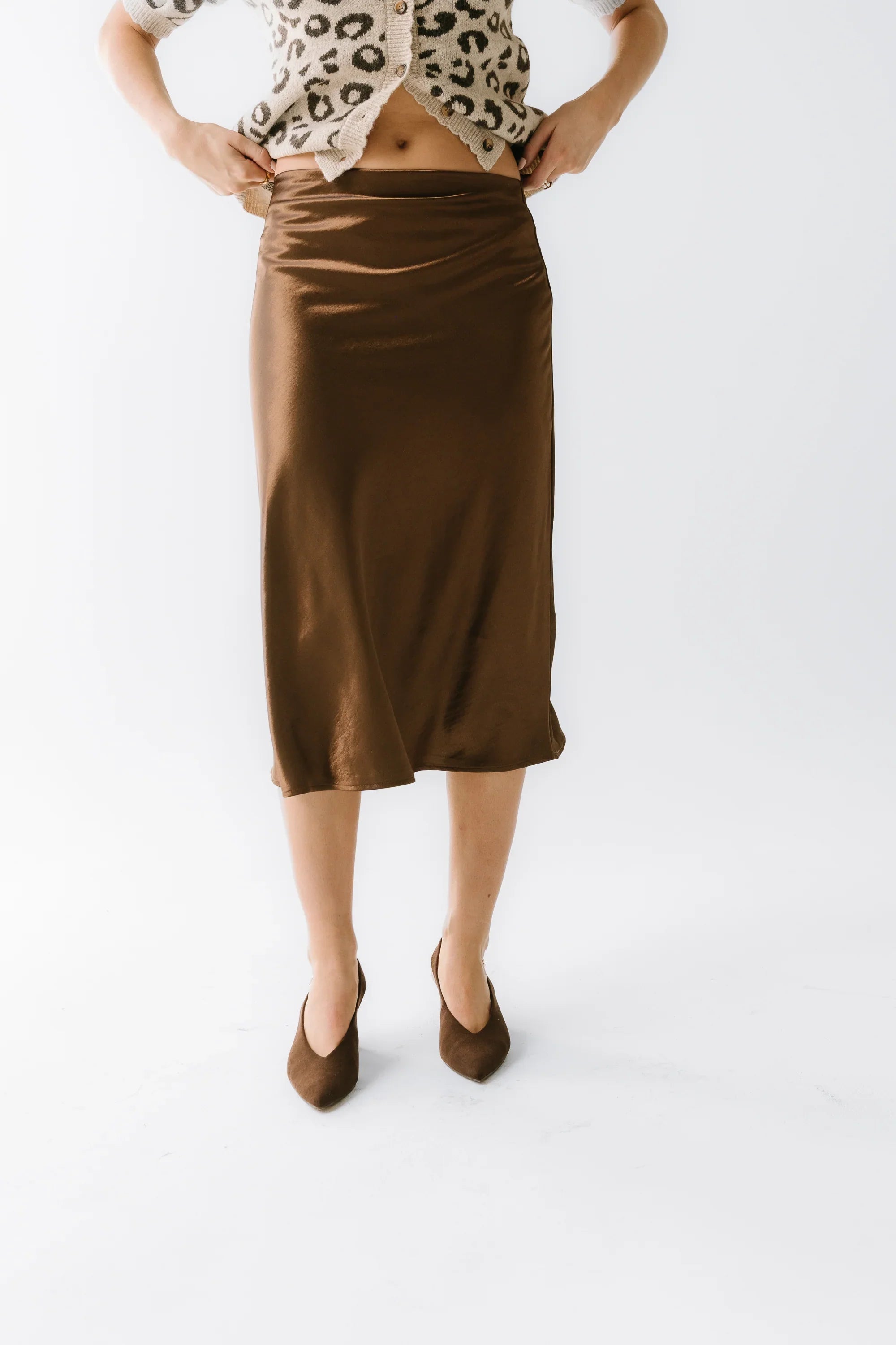 Juniper Satin Midi Skirt in Brown