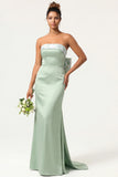 Green Strapless Mermaid Long Bridesmaid Dress with Bow