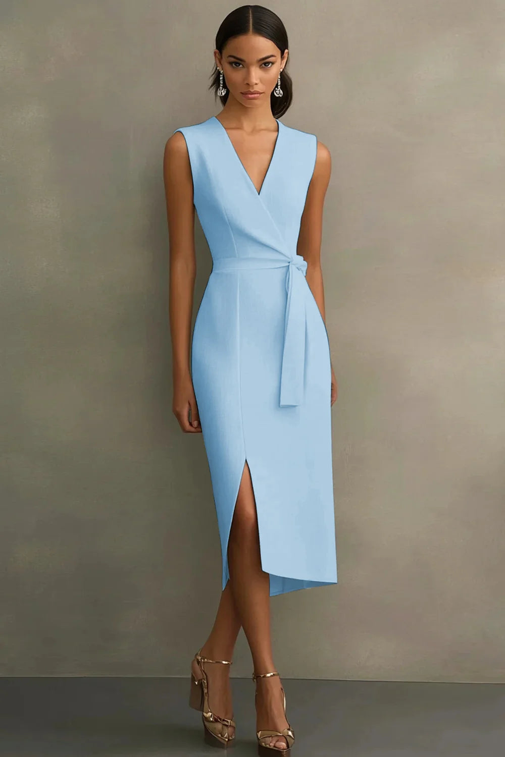 White Satin V Neck Work Dress with Belt