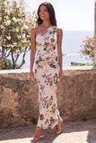 Floral One Shoulder Ivory Mermaid Wedding Guest Dress with Sash
